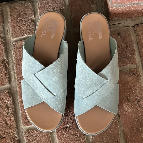 🩵Like New SOREL Cameron Flatform Mule Wedge Suede Sandals 8 - Picture 9 of 11